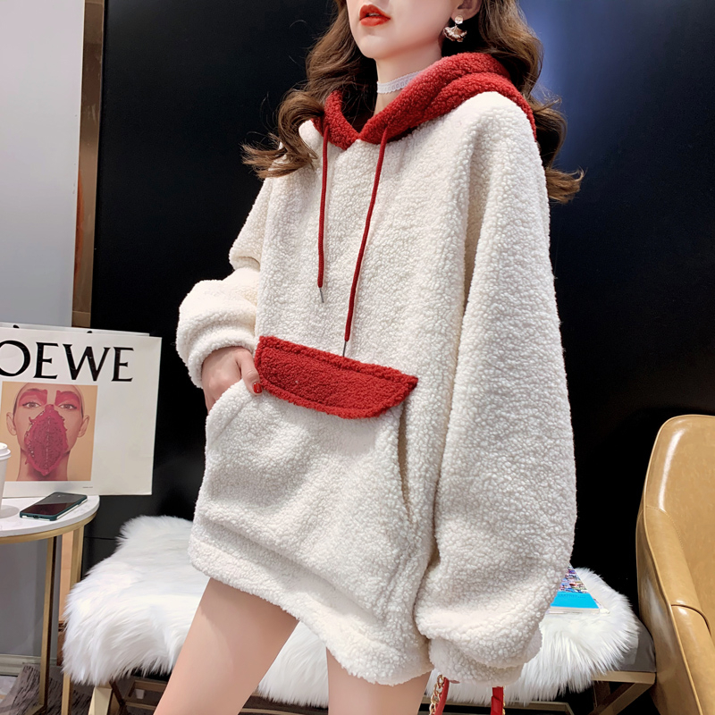 Lazy Korean style hoodie lambs wool coat for women