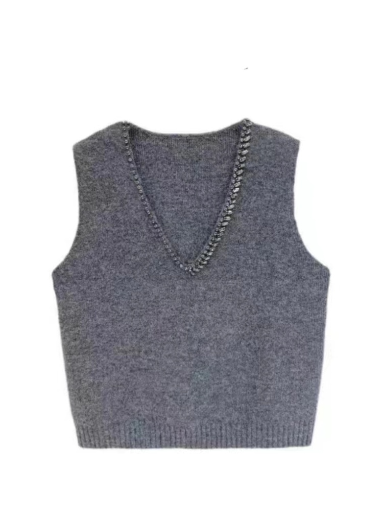 Beading sleeveless sweater loose vest