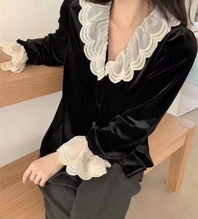 Velvet doll collar shirt puff sleeve splice tops