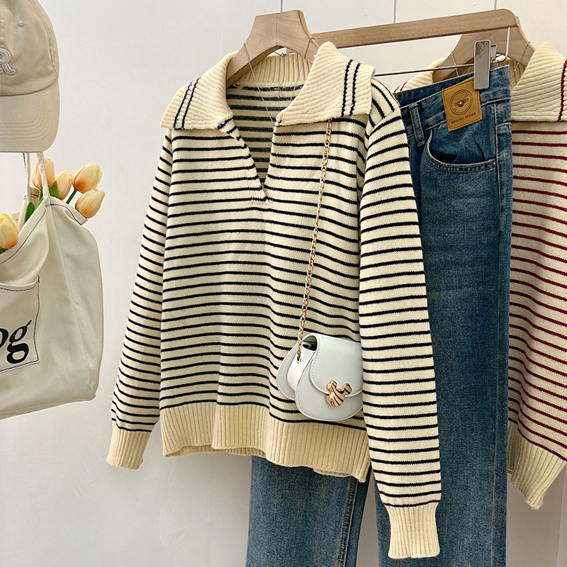 Autumn stripe sweater college style all-match tops for women