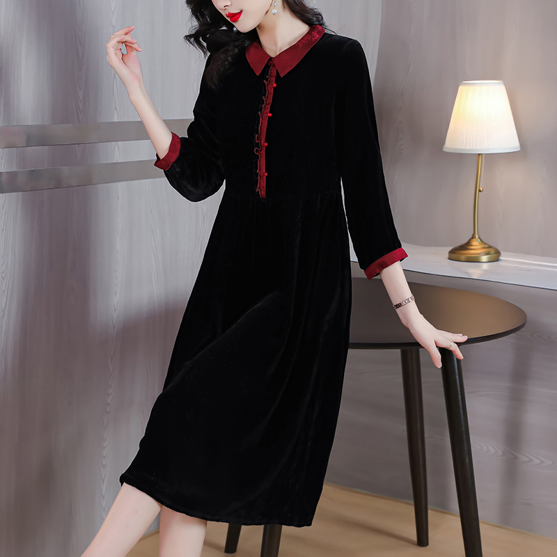 Temperament autumn lapel fashion velvet silk dress for women