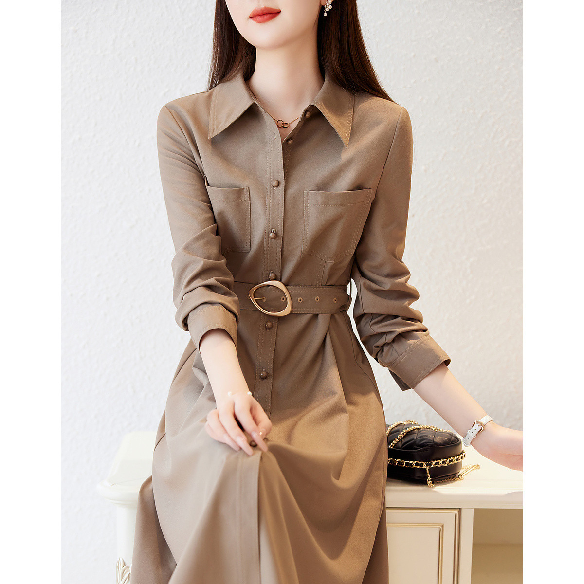 Refinement pinched waist windbreaker temperament dress