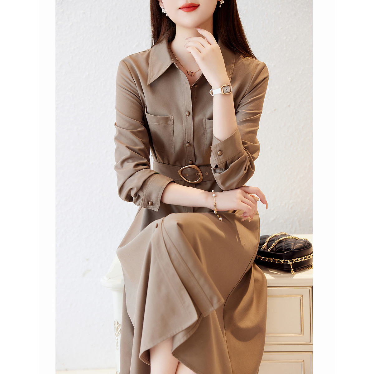 Refinement pinched waist windbreaker temperament dress