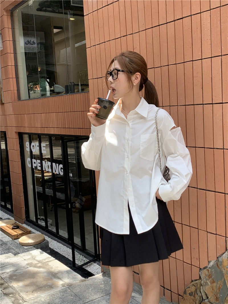 Strapless simple pure long sleeve Korean style shirt