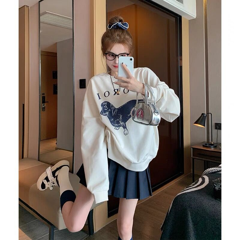 White printing tops American style hoodie for women