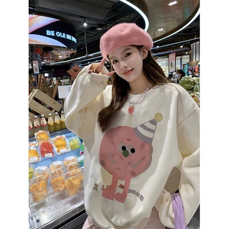 Loose winter tops thick round neck hoodie for women