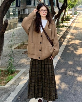 Plaid knitted skirt loose retro coat a set for women