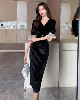 Velvet sequins formal dress Hepburn style dress