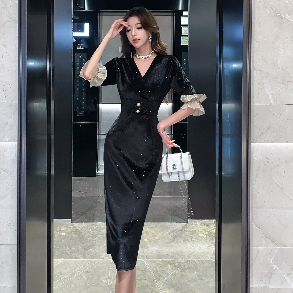 Velvet sequins formal dress Hepburn style dress