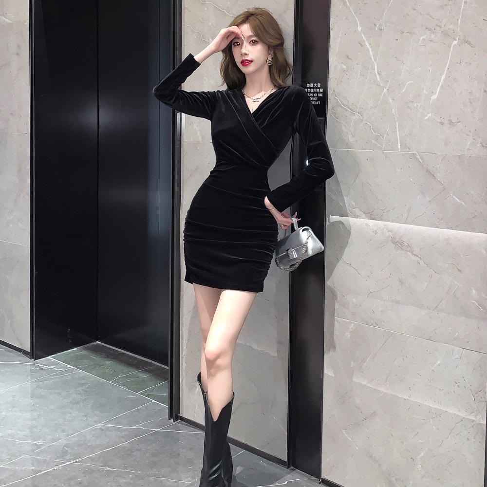 Sexy black autumn and winter bottoming slim dress