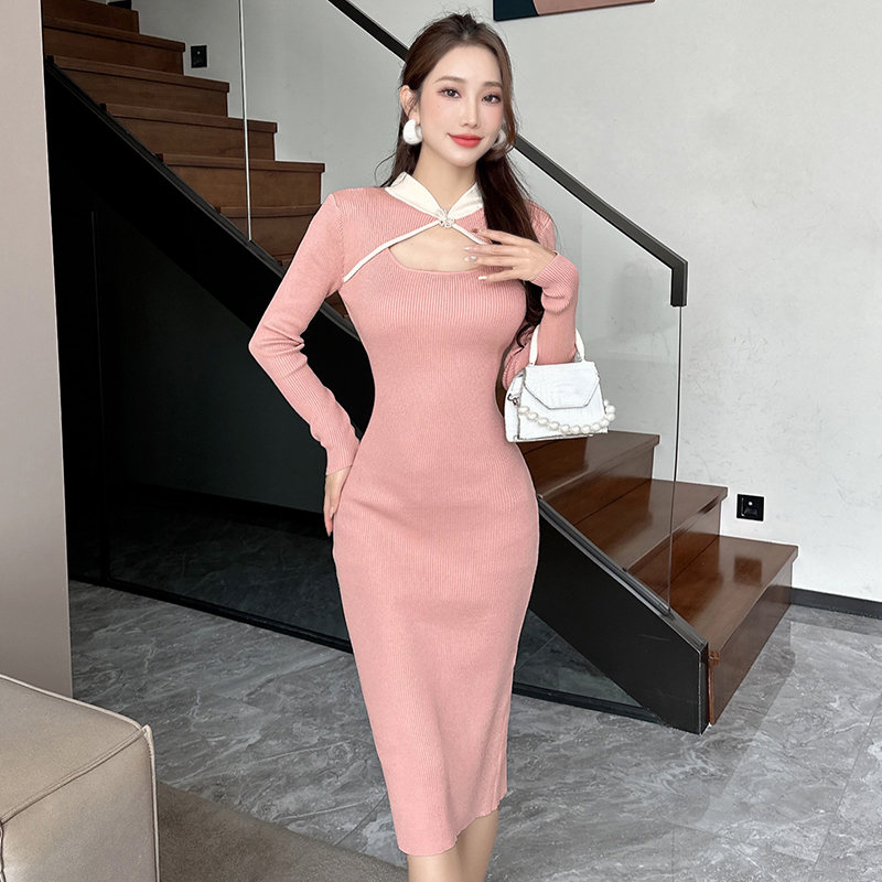Chinese style hollow sweater dress long dress