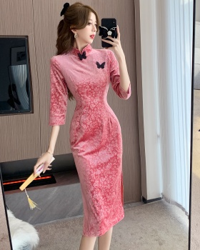Velvet long cheongsam short sleeve embossing formal dress