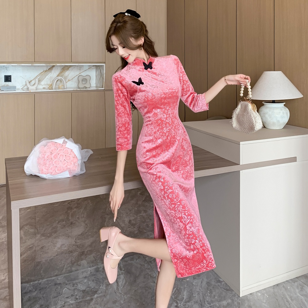Velvet long cheongsam short sleeve embossing formal dress