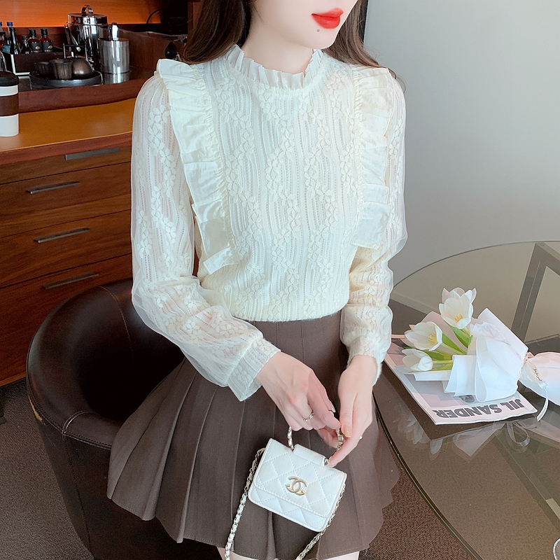 Long sleeve bottoming gauze tops lace thick winter shirt
