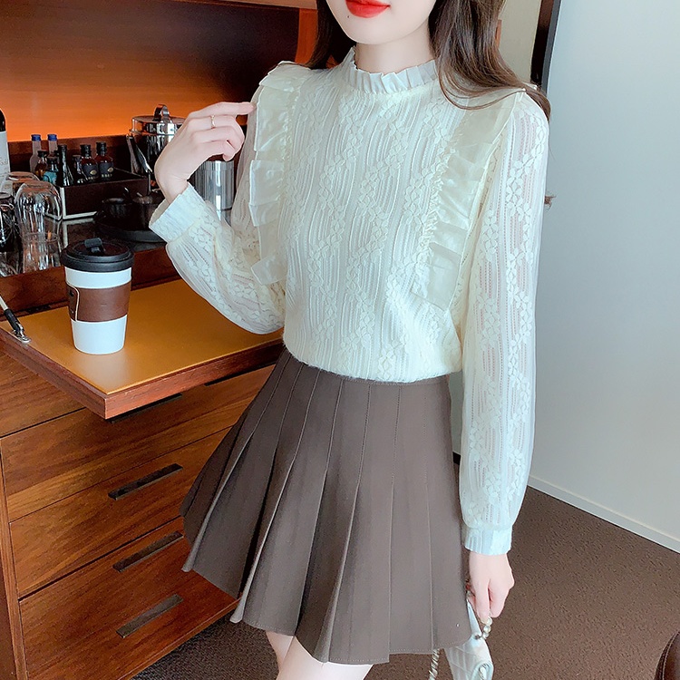 Long sleeve bottoming gauze tops lace thick winter shirt