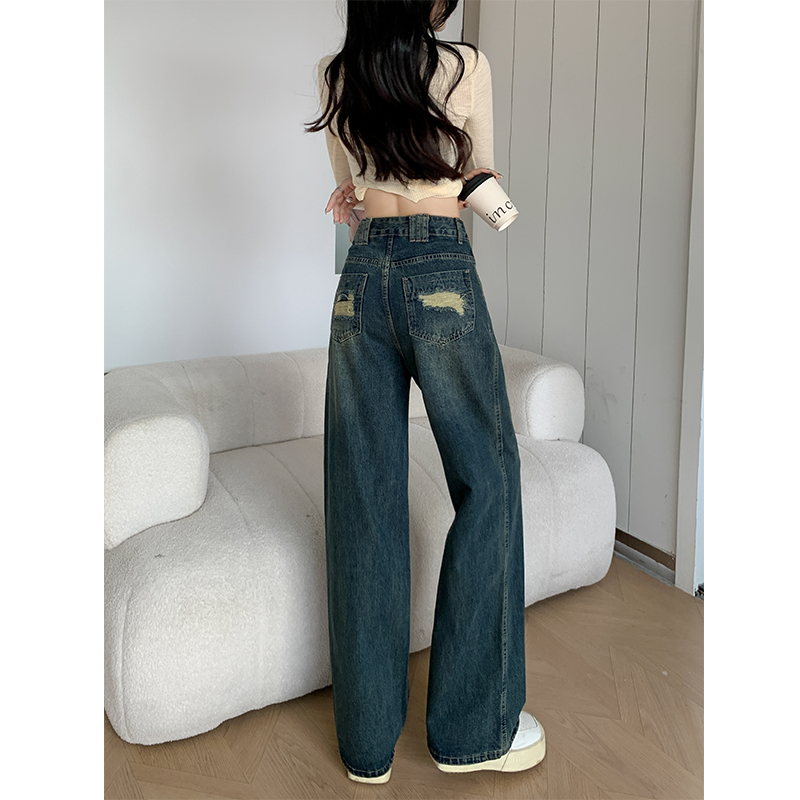 Straight high waist jeans large yard long pants for women