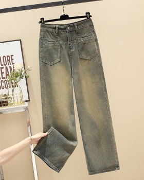 Slim mopping jeans retro straight wide leg pants for women