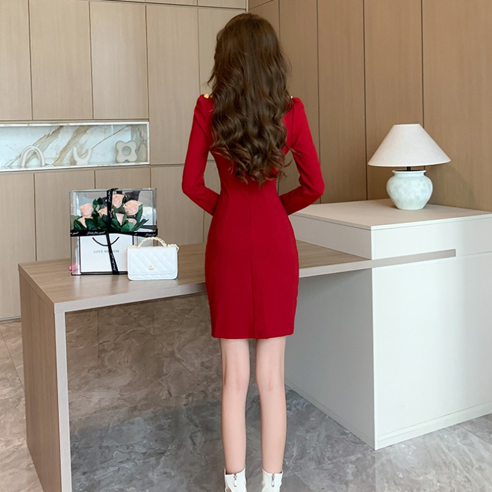 Long sleeve tight lotus leaf edges autumn and winter dress