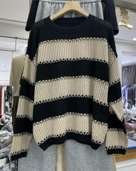 All-match wide stripe tops round neck thin sweater for women