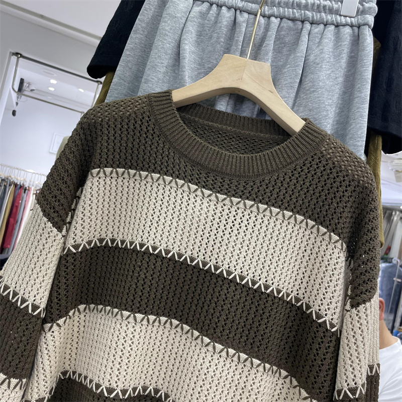 All-match wide stripe tops round neck thin sweater for women