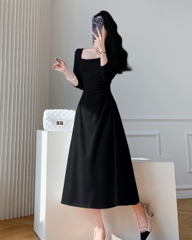 Black square collar long dress slim pinched waist dress for women