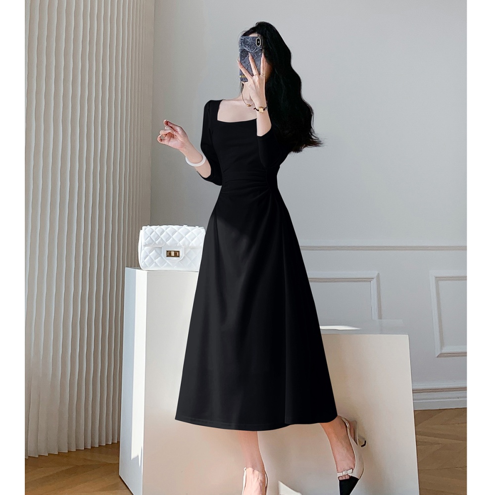Black square collar long dress slim pinched waist dress for women