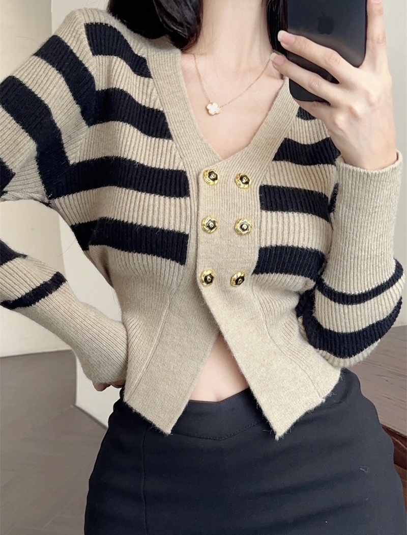 Short knitted split tops autumn stripe cardigan for women