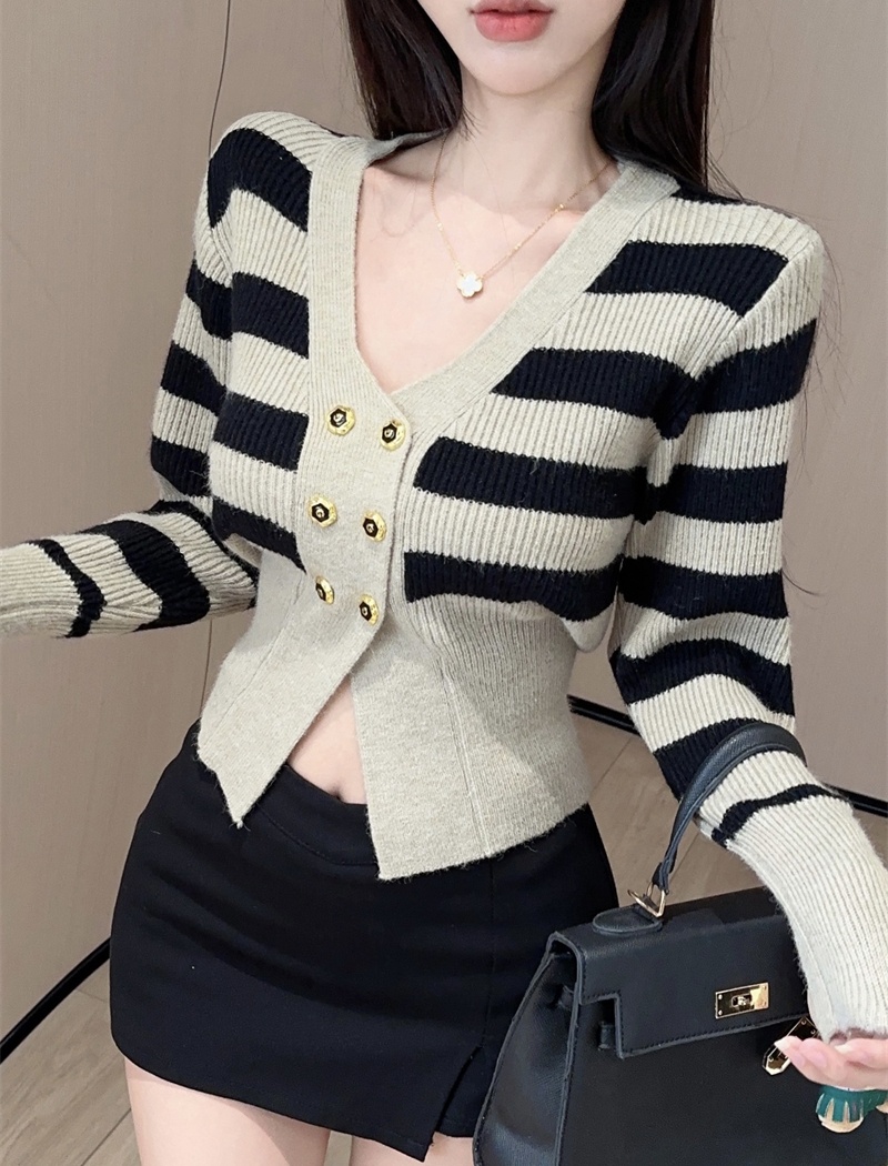 Short knitted split tops autumn stripe cardigan for women