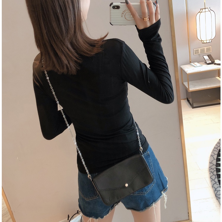 Tight pure long sleeve T-shirt sueding round neck tops for women
