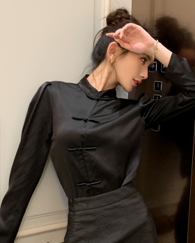 Chinese style black shirt cstand collar tops for women