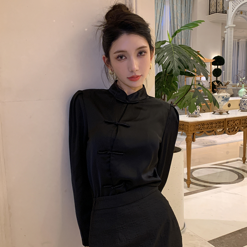 Chinese style black shirt cstand collar tops for women