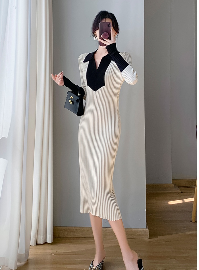 France style autumn long dress package hip knitted dress