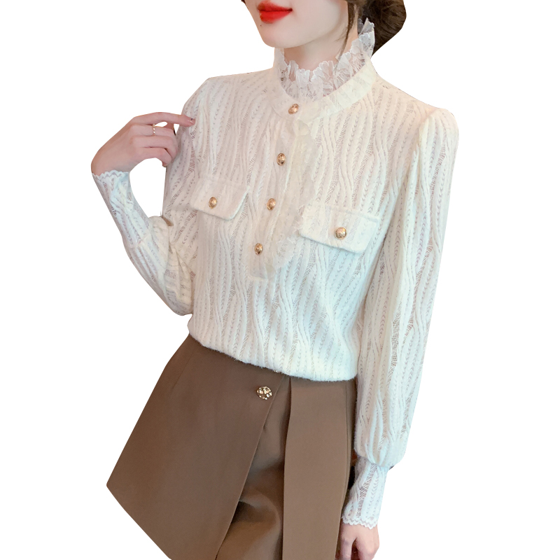 Lace chanelstyle bottoming shirt plus velvet shirt for women