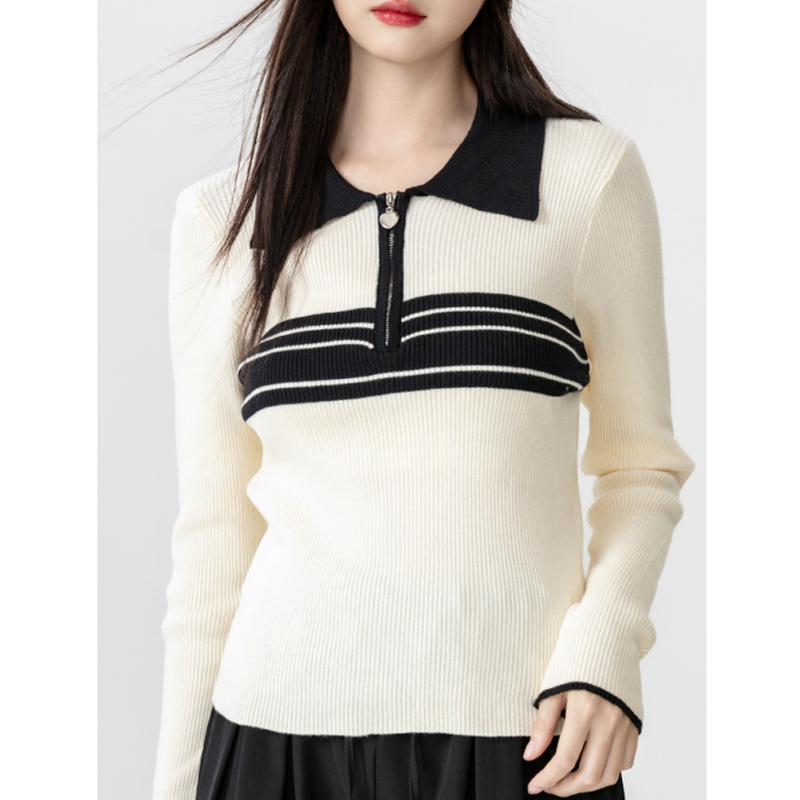 Half zip mixed colors tops stripe knitted sweater