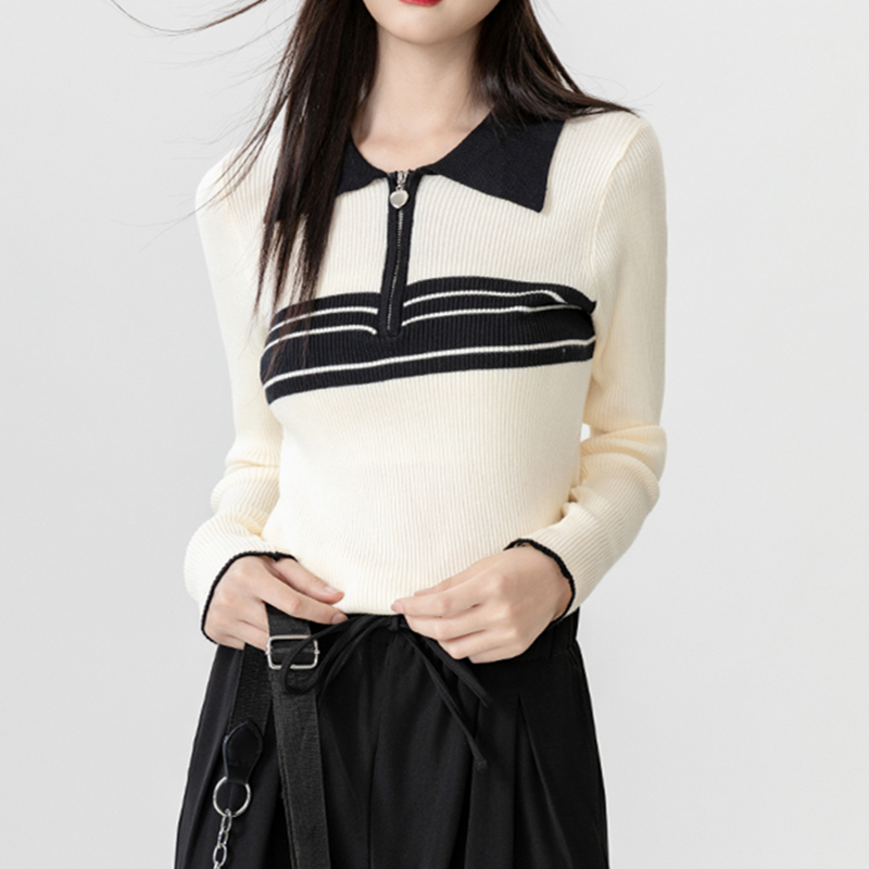 Half zip mixed colors tops stripe knitted sweater