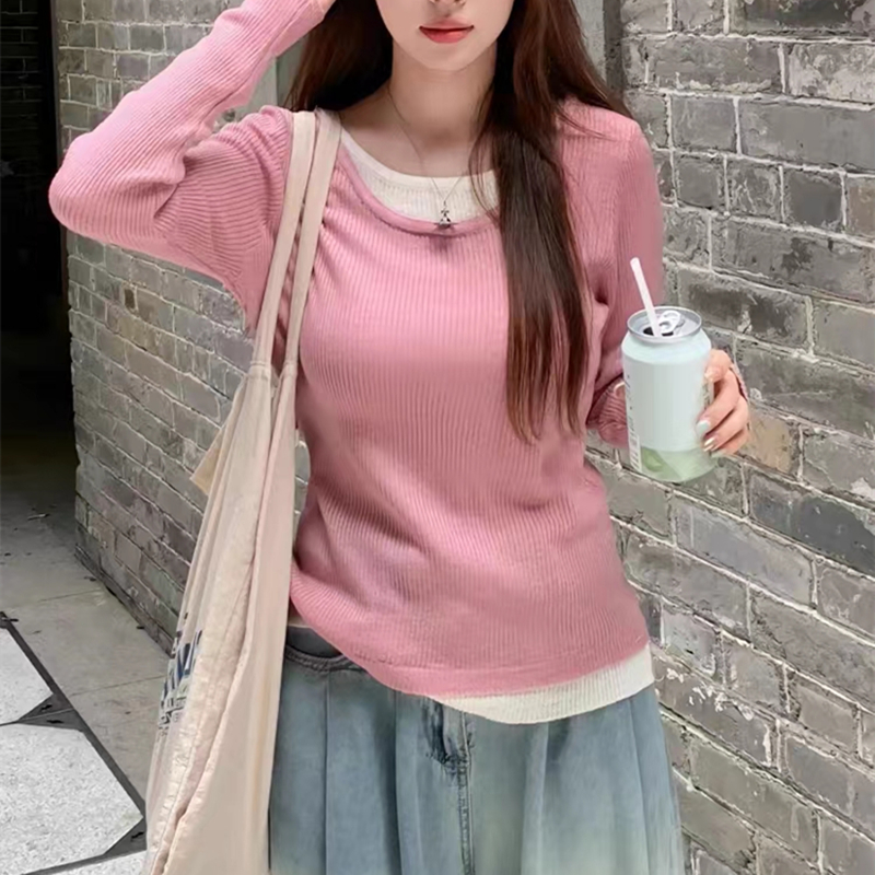 Knitted Pseudo-two bottoming shirt long sleeve tops for women