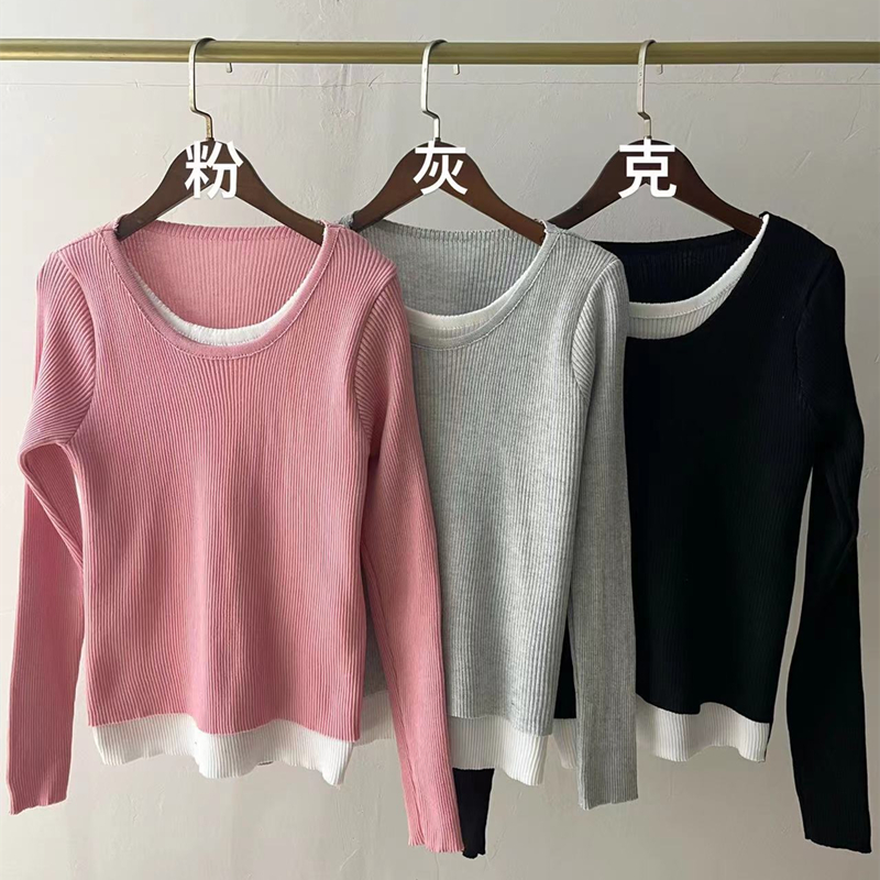 Knitted Pseudo-two bottoming shirt long sleeve tops for women