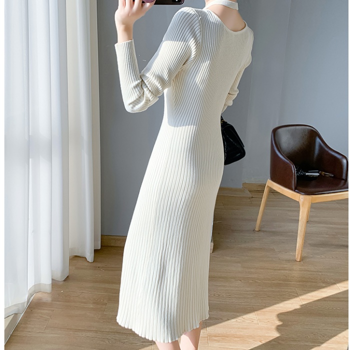 Pullover halter sweater slim bottoming long dress for women