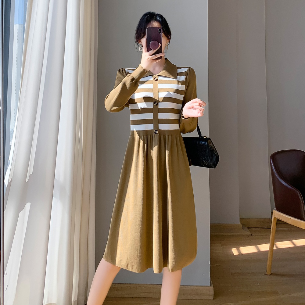 Retro corduroy stripe long dress fat slim autumn dress