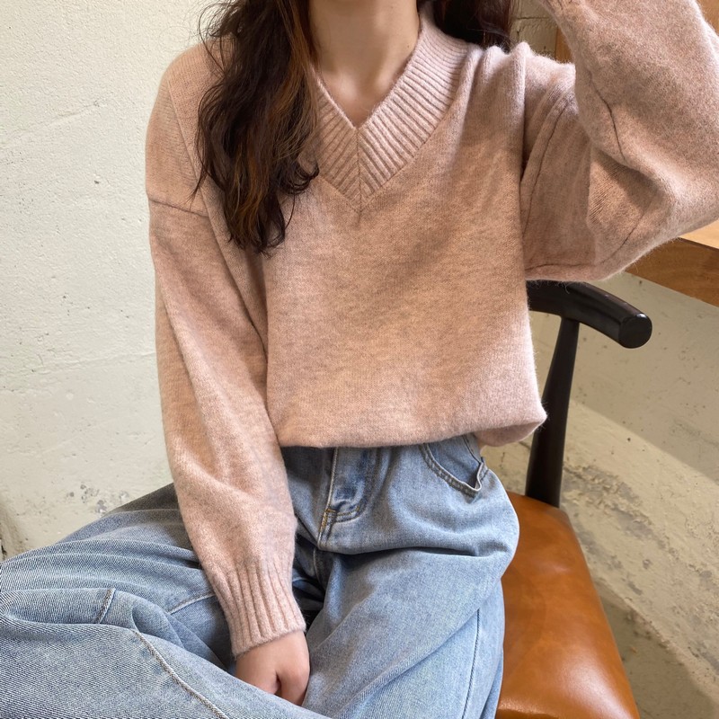 All-match pullover lazy thermal V-neck sweater