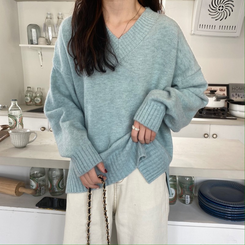 All-match pullover lazy thermal V-neck sweater