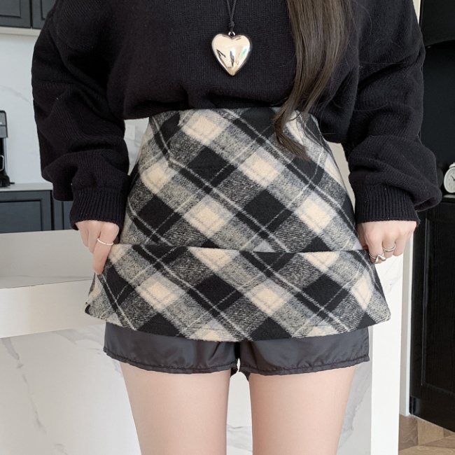 All-match slim high waist skirt retro plaid short skirt
