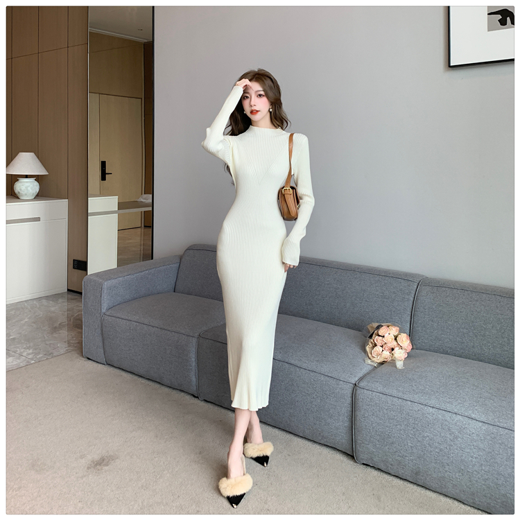 Split long sleeve dress knitted slim long dress for women