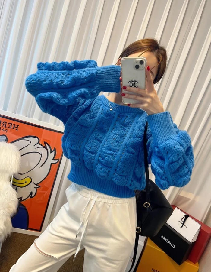 Korean style puff sleeve tops knitted hollow sweater
