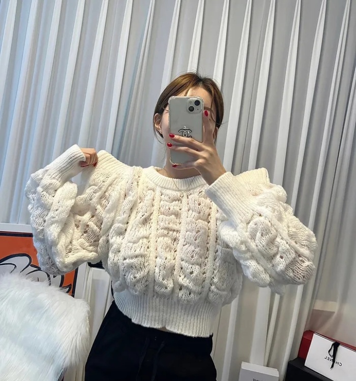 Korean style puff sleeve tops knitted hollow sweater