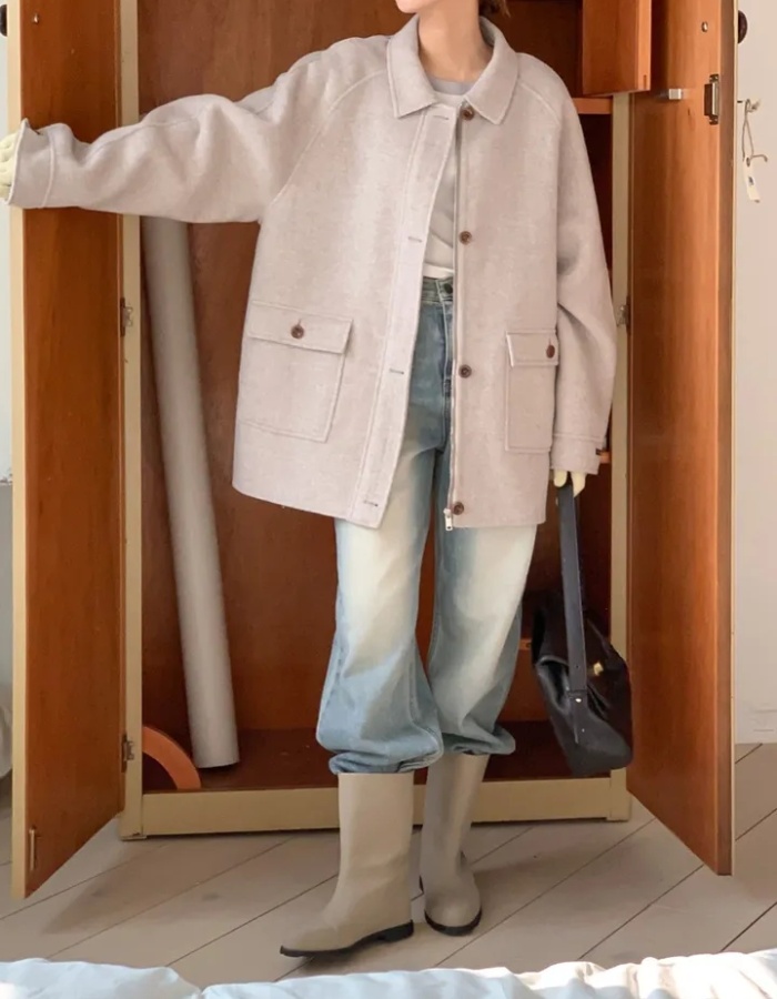 Fashion loose zip coat retro lapel overcoat