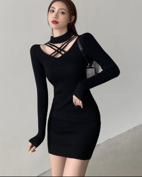 Autumn and winter long sleeve sexy T-back slim knitted cross dress