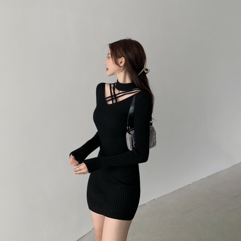 Autumn and winter long sleeve sexy T-back slim knitted cross dress