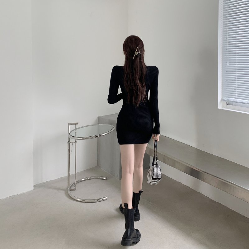 Autumn and winter long sleeve sexy T-back slim knitted cross dress