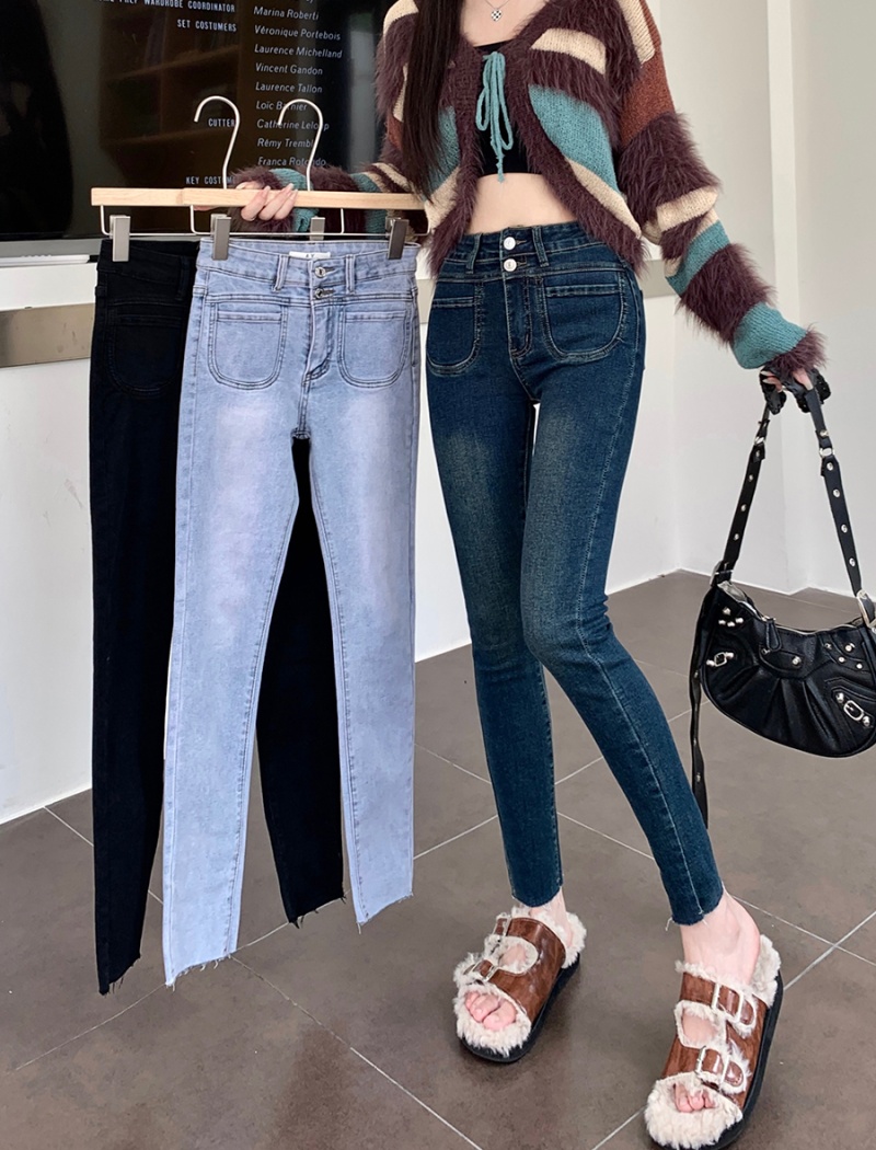 Legs high waist jeans navy-blue pencil pants for women